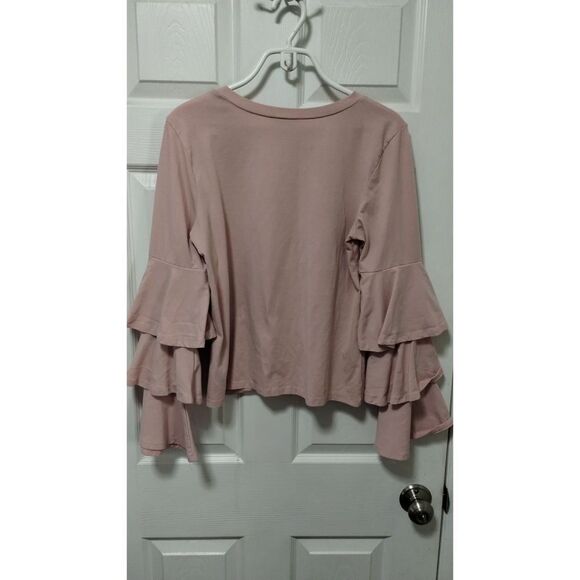 Belle + Sky Women's Dusty Pink Ruffle Sleeve Front Tie Long Sleeve Top Medium - Picture 2 of 6